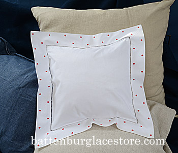 Square Pillow. Red color Swiss style polka dots.12SQ pillow